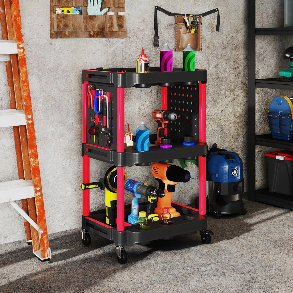 Carrello Porta Attrezzi a 3 Livelli in Plastica con Pannello Forato Laterale, Nero e Rosso