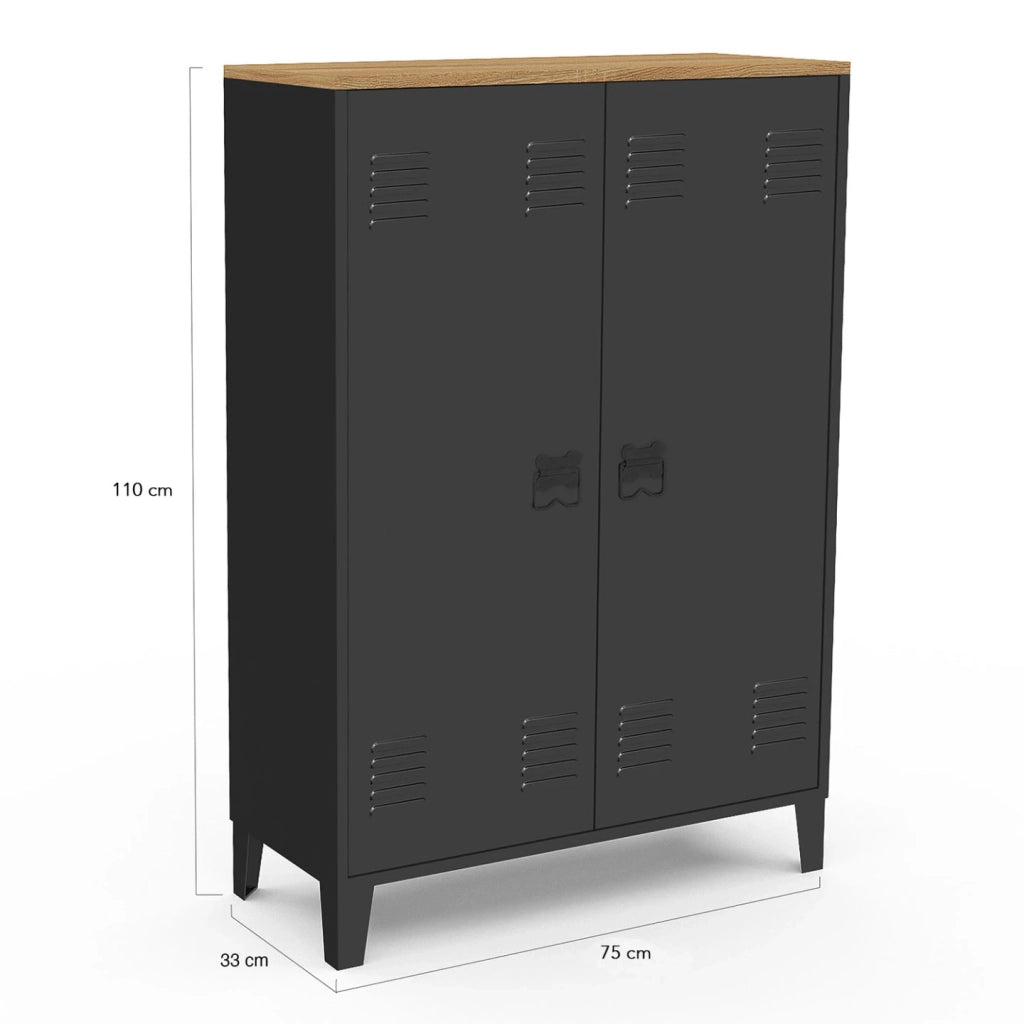 IDMarket - ESTER Armario de 2 puertas de metal negro con tapa de madera de diseño industrial