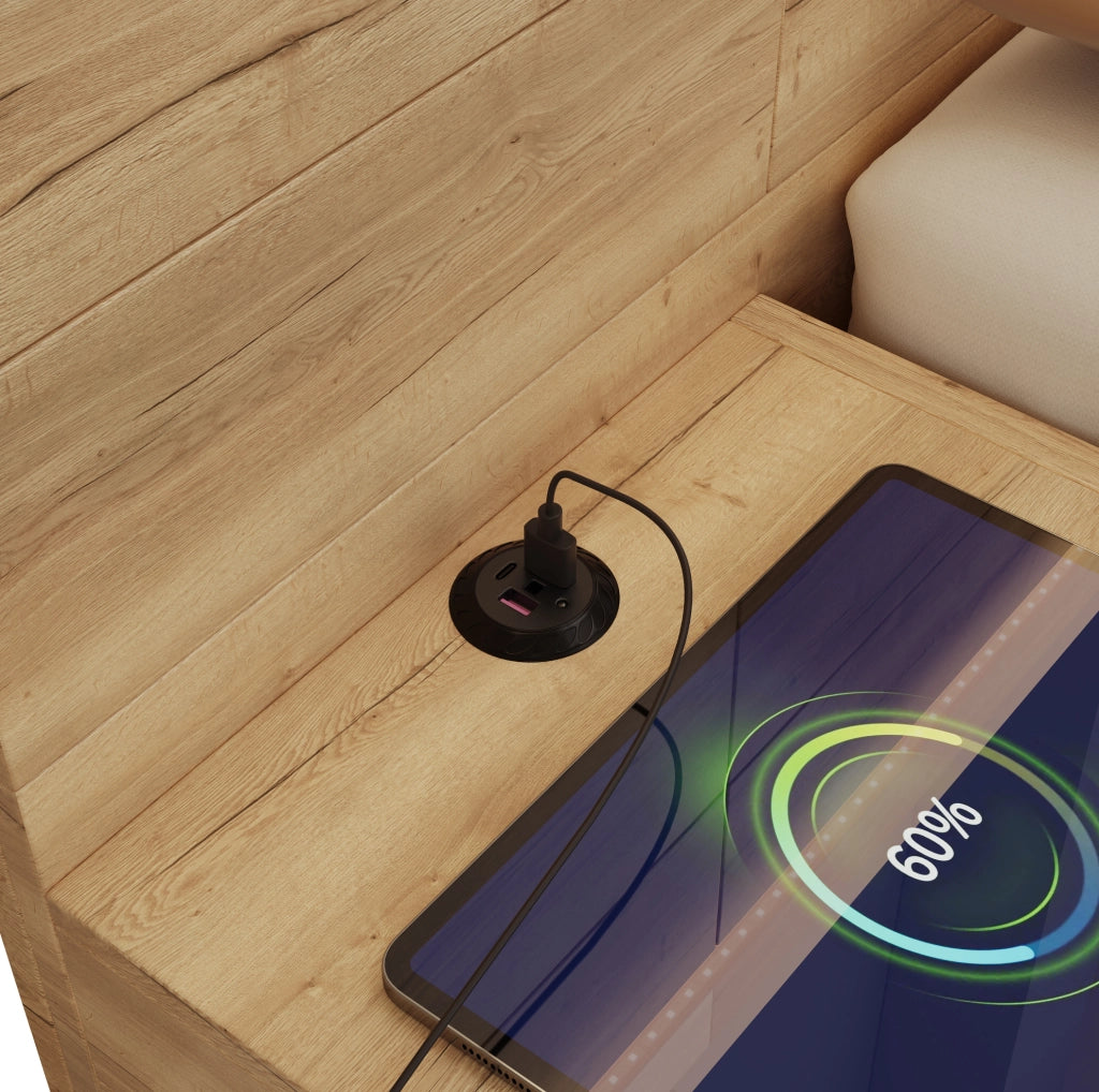 Letto matrimoniale con contenitore, illuminazione LED e prese USB integrate