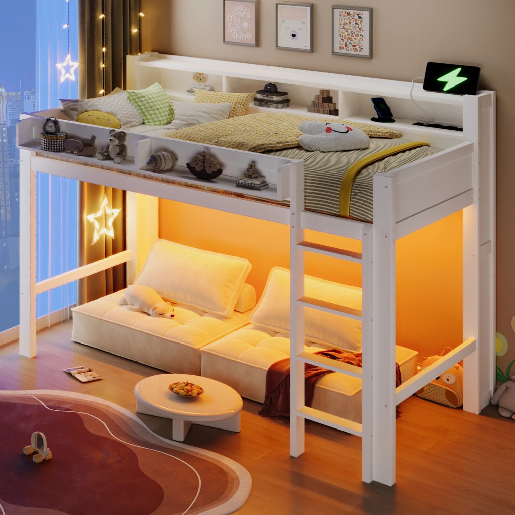 Letto a soppalco 90x200 in legno bianco con armadietti e presa USB