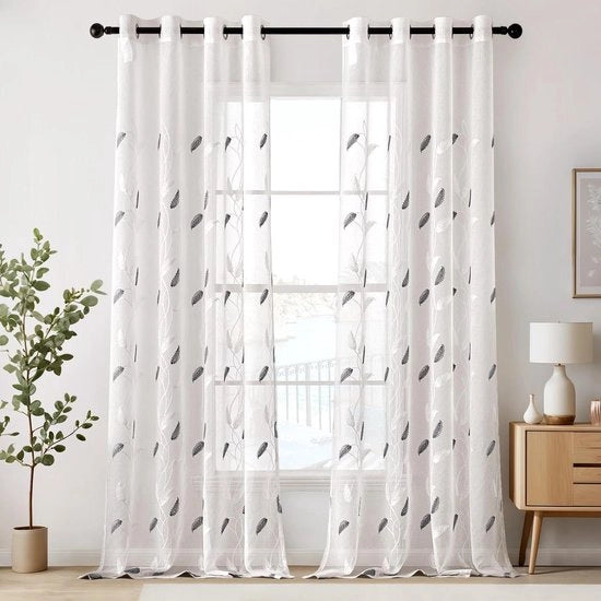 Vetrata a voile con disegno foglia e anelli - set da 2 - 225 x 140 cm