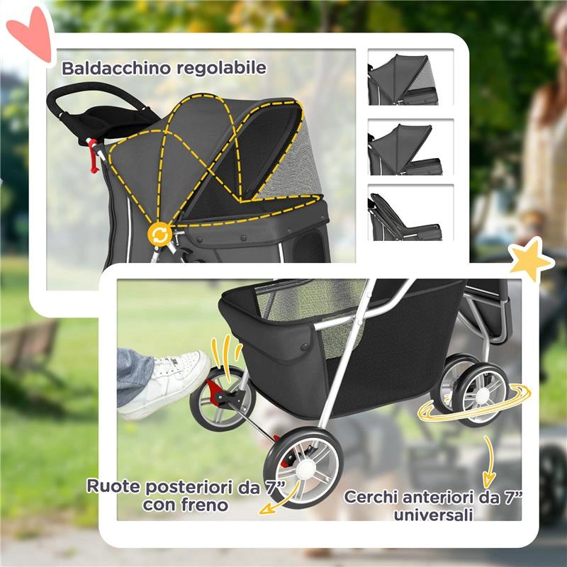 PASSEGGINO PER CANI PIEGHEVOLE CON PORTABICCHIERI E CESTINO, 77X44X102 CM, GRIGIO CARBONE