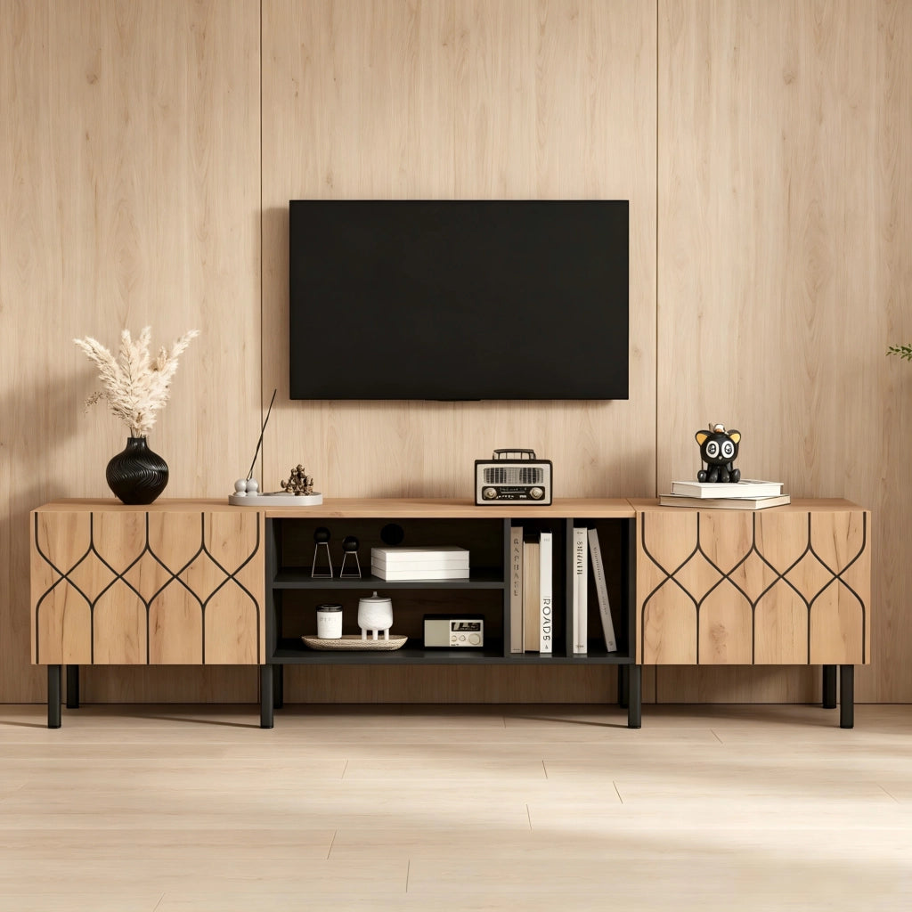Mobile TV 180x40x50 cm con ante push-to-open; 4 ripiani aperti; truciolato e MDF; nero e naturale