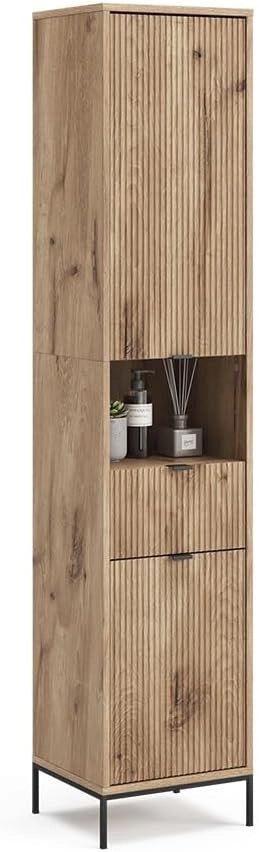 Mobiletto da bagno Eliza, Quercia vichinga, 40 x 190 cm con anta e cassetto, per la conservazione di accessori da bagno e combinabile con la serie Eliza