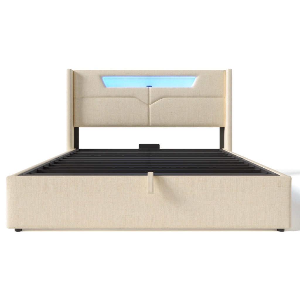 Letto imbottito 140x200 cm con contenitore; LED e USB Type-C in lino beige