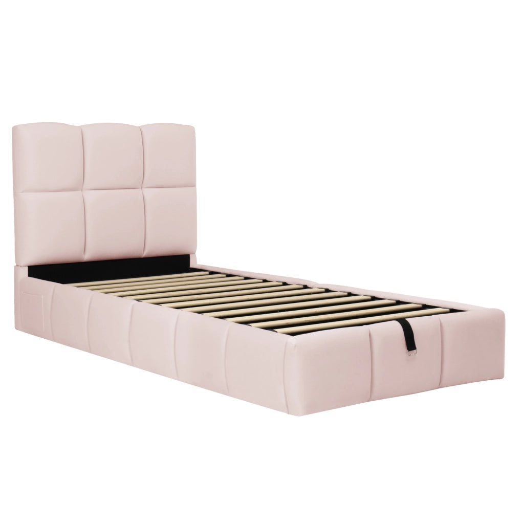 Letto imbottito singolo 90x200 cm con contenitore idraulico; USB Type-C; velluto rosa
