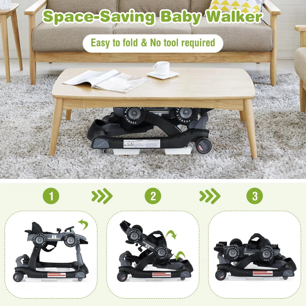 Girello per Bambini 6-18 Mesi, Baby Walker 4 in 1 con Musica e Luci, Primi Passi Piegevole e Portatile, Altezza e Velocità Regolabili, Carrello da Spinta, Forma di Macchinina (Grigio)