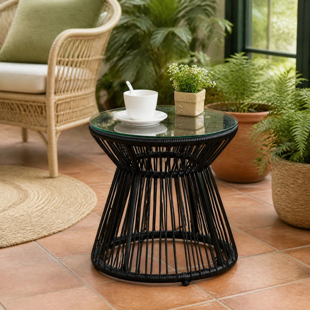 TAVOLINO DA ESTERNO 40x40x42 cm Nero stile Boho in rattan e vetro