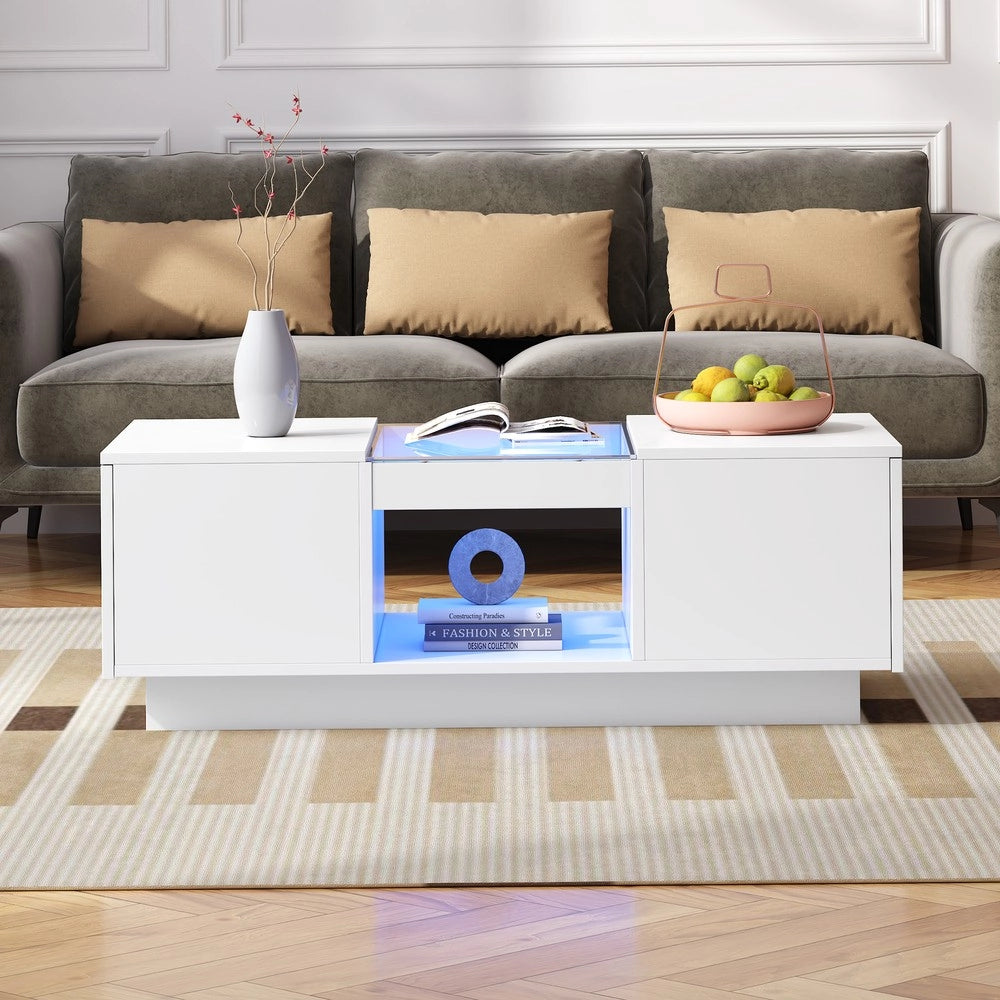 Tavolino da Caff¨¨ con LED, Cassetti e Vetro ¨C MINIMAL ¨C Bianco 100x50x35,5 cm