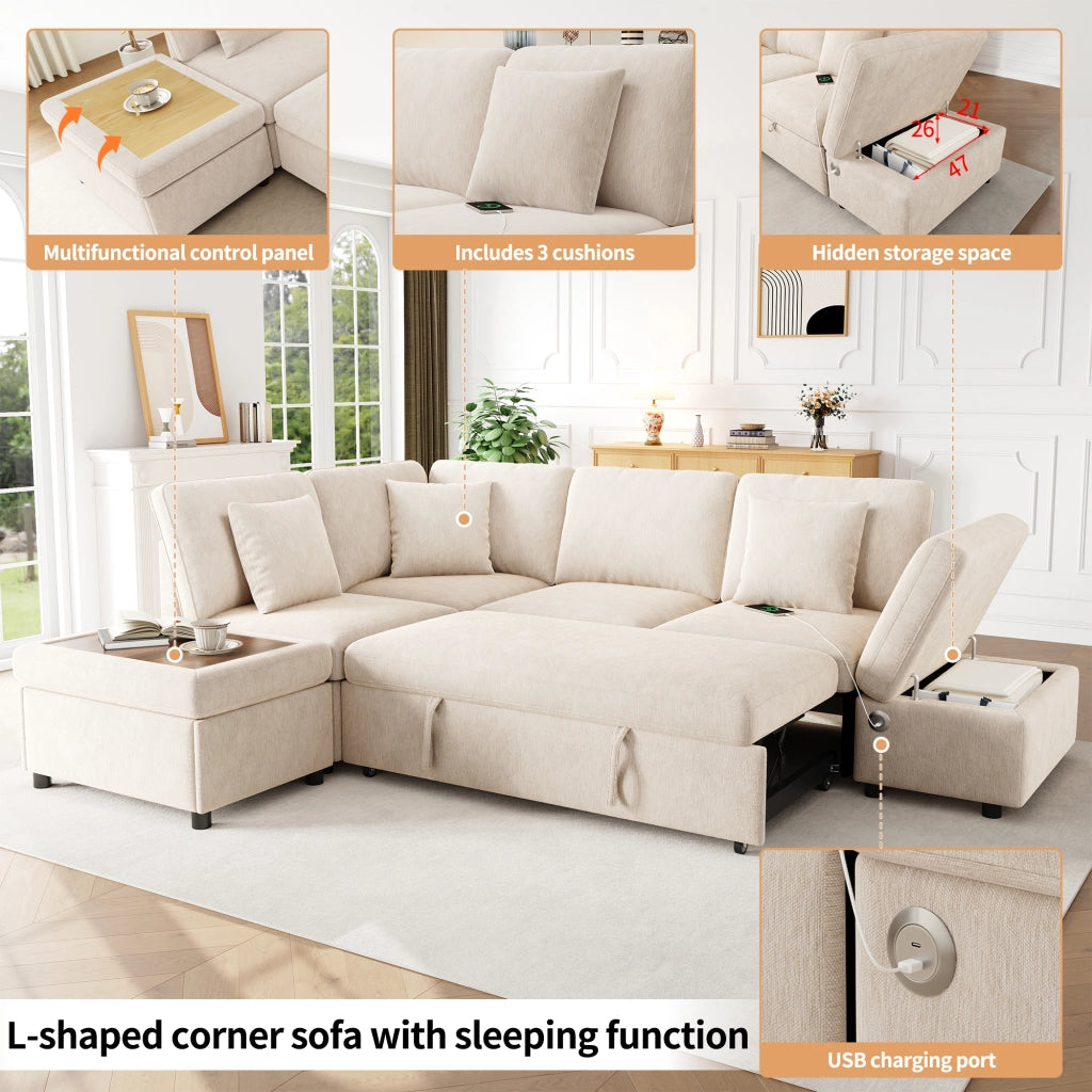 Divano angolare modulare con letto estraibile, poggiapiedi contenitore e porte USB e Type-C in ciniglia beige