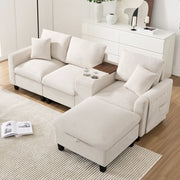 Divano angolare modulare con console centrale USB portabicchieri tasche laterali e cuscini in velluto a coste beige