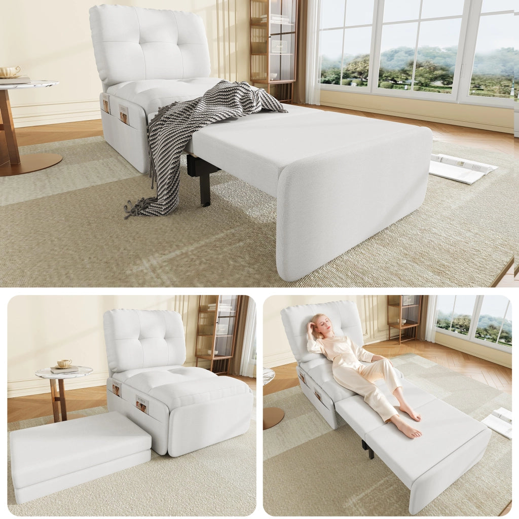 Poltrona letto 2 in 1 estraibile con tasche laterali design senza braccioli per piccoli spazi in lino bianco