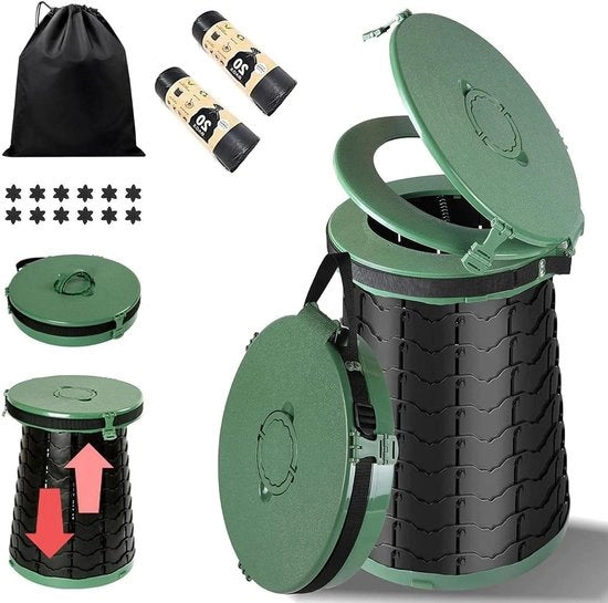 Toilet da campeggio portatile - Diametro 38 cm, altezza 8-50 cm, pieghevole e lavabile - Incluso 20 sacchetti di smaltimento biologico degradabili (verde)