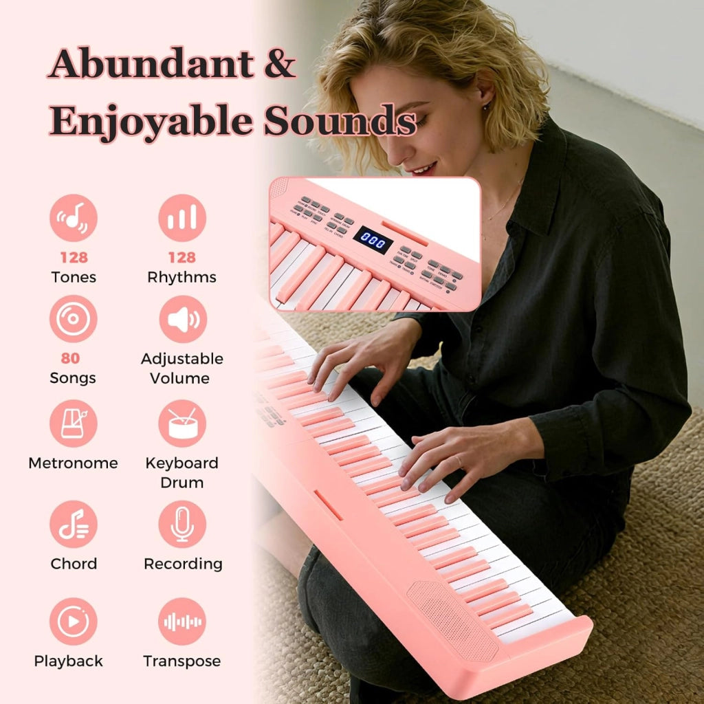 Pianoforte digitale pieghevole a 61 tasti, tastiera con auricolari, pedale, leggio, pianoforte digitale con 128 suoni e ritmi, tastiera per pianoforte con tasca (rosa)