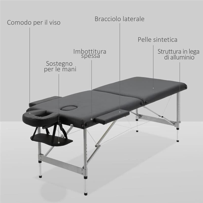 LETTINO PER MASSAGGIO PORTATILE E PIEGHEVOLE CON ALTEZZA REGOLABILE E SEDUTA IMBOTTITA 186X71X62-83 CM NERO