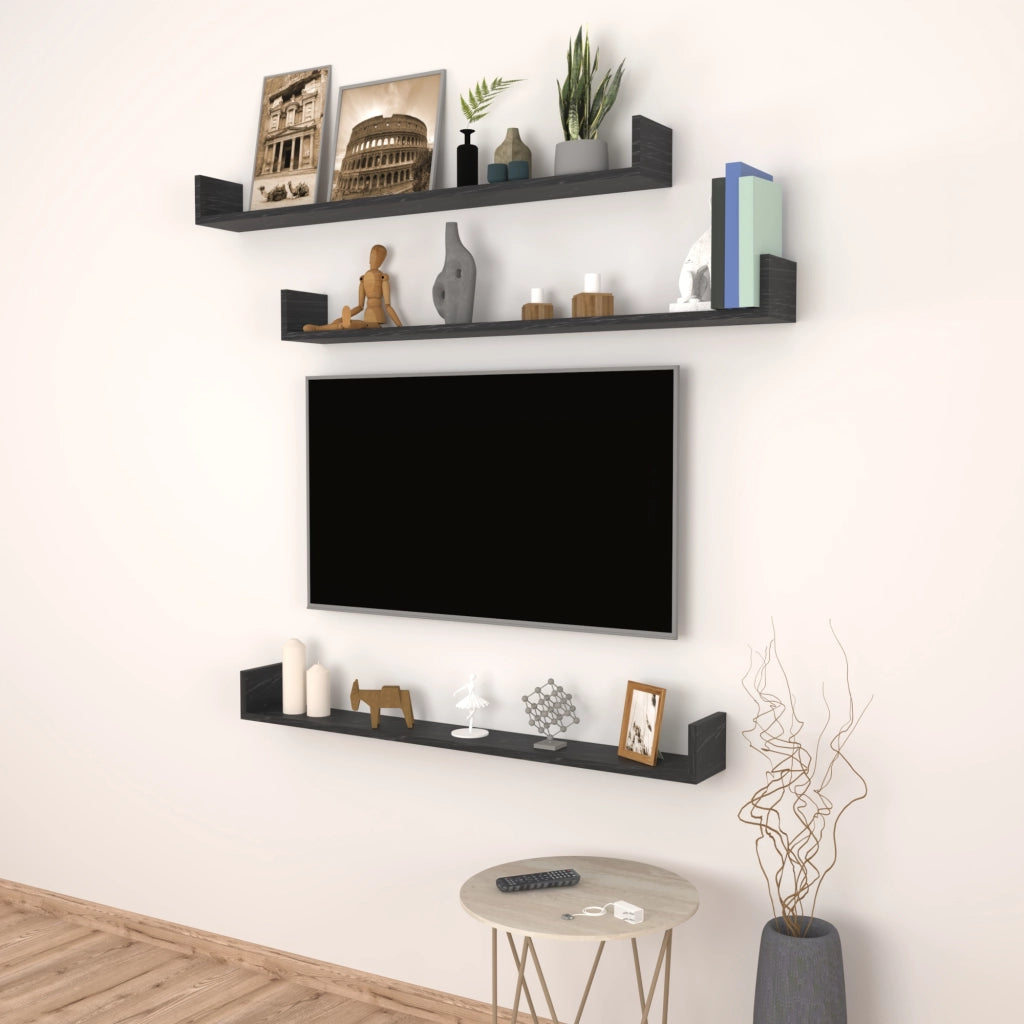 Set 'Höganäs' 3 Mensole da Muro - Consolli Pensili con Piano d'Appoggio a Forma di U - Largo 120 cm - Effetto Marmo Nero [en.casa]