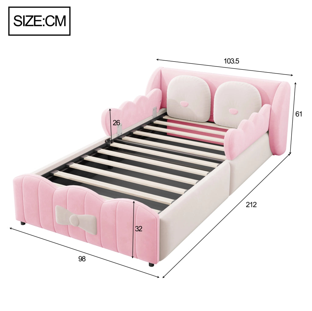 Letto singolo imbottito per bambini 90x200 cm in velluto rosa con contenitore idraulico