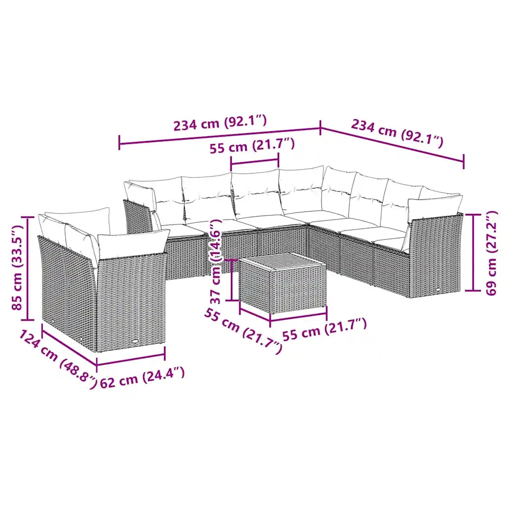 Set Divani da Giardino 11 pz con Cuscini in Polyrattan Nero