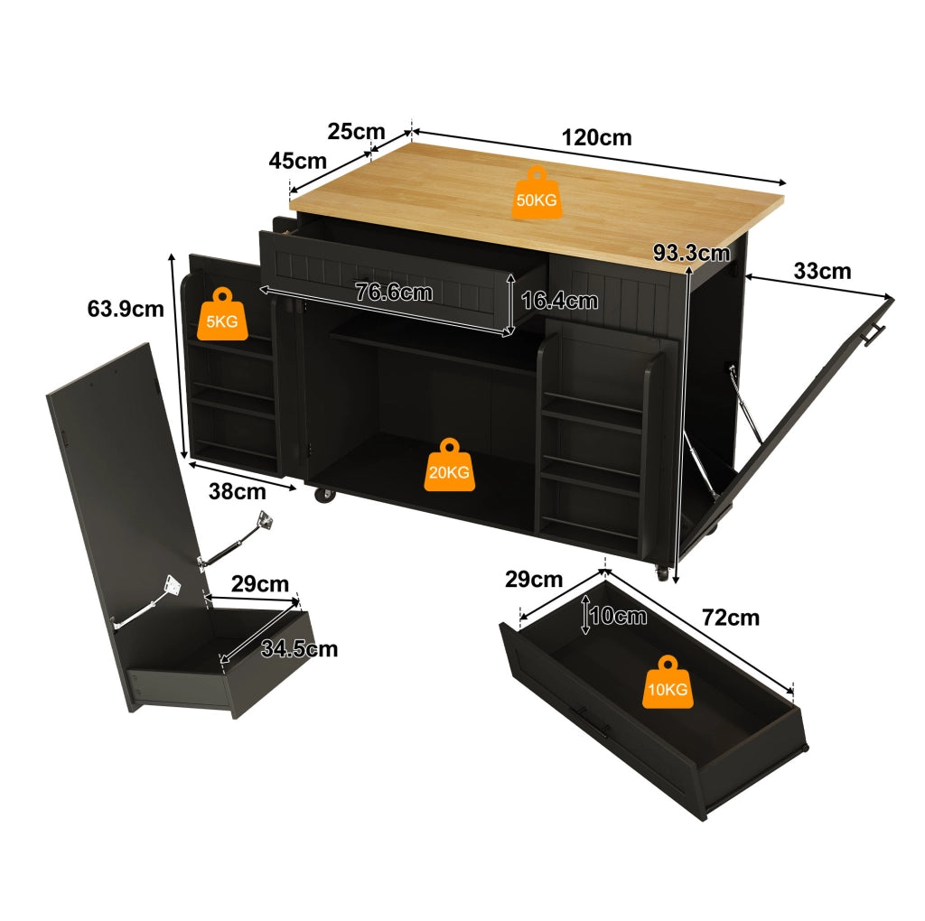 Isola da cucina con piano ribaltabile 130x70x93 cm in MDF nero; carrello con ruote bloccabili