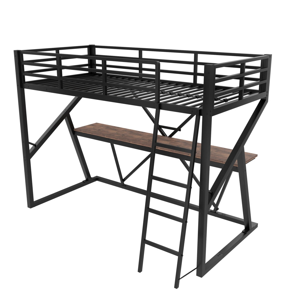 Letto a soppalco 90x200 cm con scrivania e LED; metallo; nero (Senza materasso)