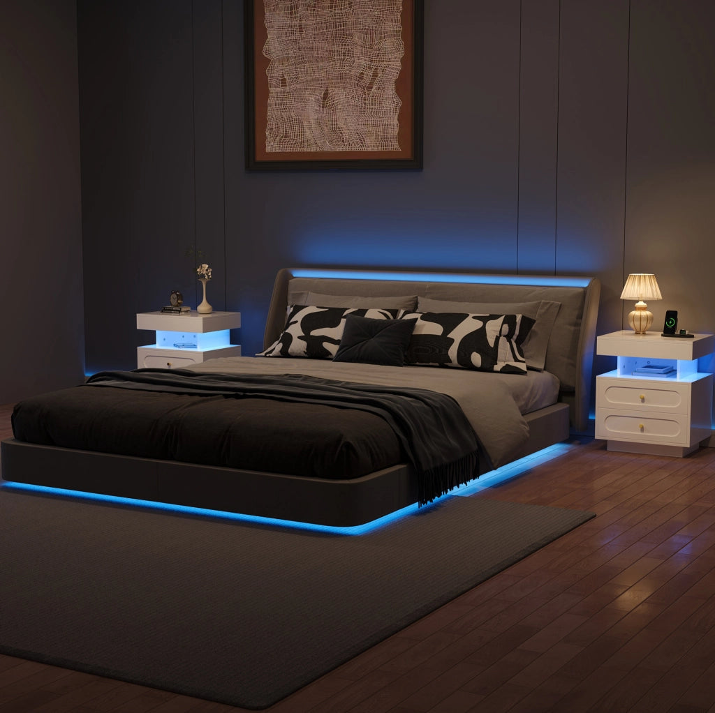 Comodino bianco con LED, 2 cassetti e vano aperto, 100x40x60 cm