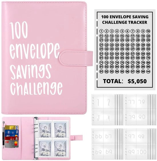 100 sfide di risparmio, 100 sfide di risparmio Transparanti buste per contanti e pulsanti magnetici $5050, Organizzatore di cartelle per risparmiatore Sfida di risparmio per casa, scuola, rosa