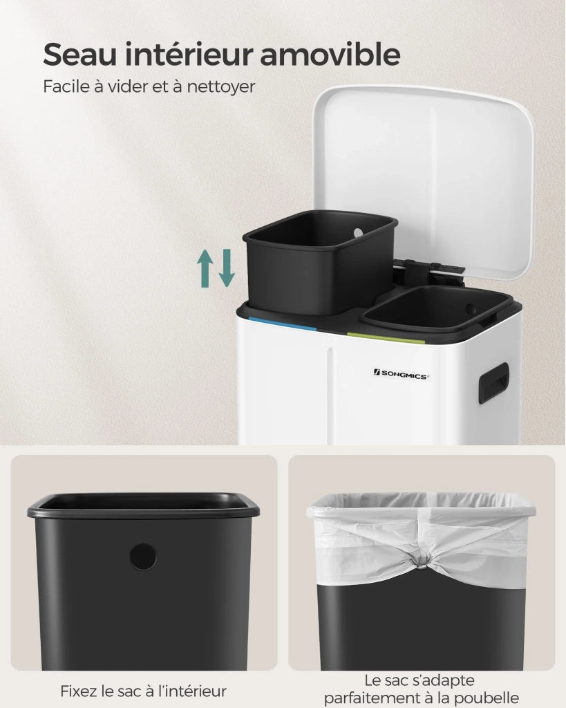 Pattumiera doppia 2 contenitori in metallo da 20 litri con secchi interni in plastica e coperchio incernierato maniglie chiusura ammortizzata a prova di perdite bianco 12_0007169