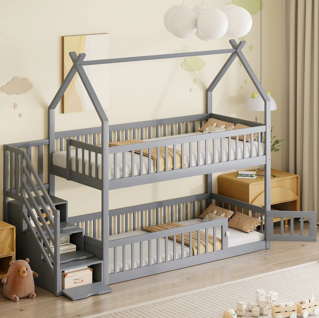 Letto a castello 90x200 cm con tetto; scala con cassetti e porticina in legno grigio