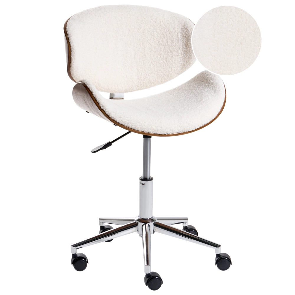 Sedia da scrivania in boucle bianco imbottita con sedile regolabile in altezza tramite pistone a gas e base girevole