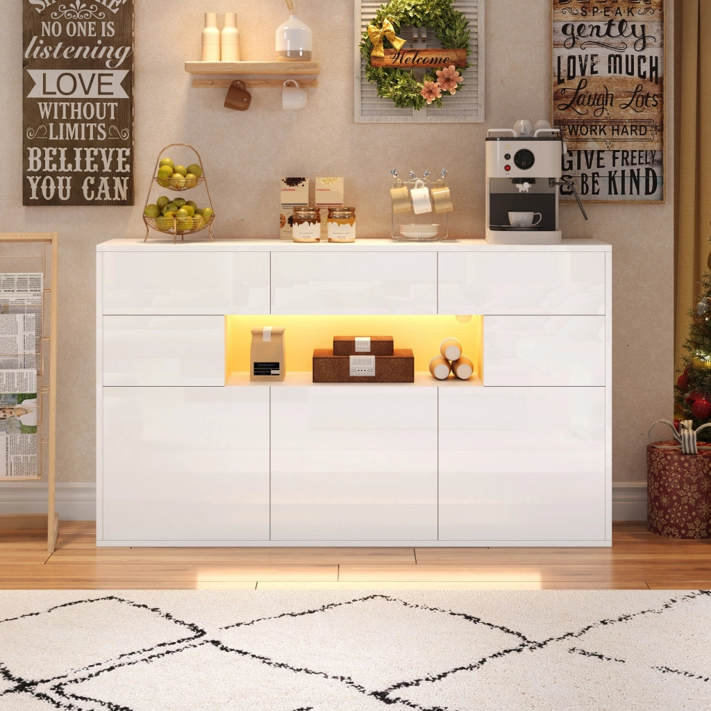 Credenza soggiorno 140 x 30 x 82 cm con 3 cassetti, 5 vani e luce LED, bianco lucido