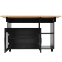 Isola cucina moderna con spazio di conservazione e armadietti con ante in vetro, 120×30×79,5 cm, Nero e Legno naturale