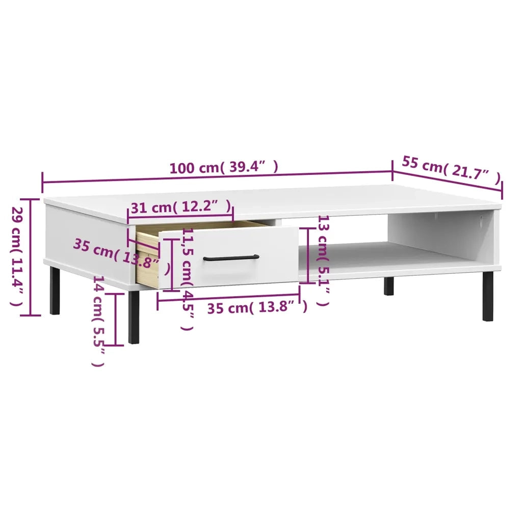 Tavolino Salotto Gambe Metallo Bianco Legno Massello Pino OSLO 351038