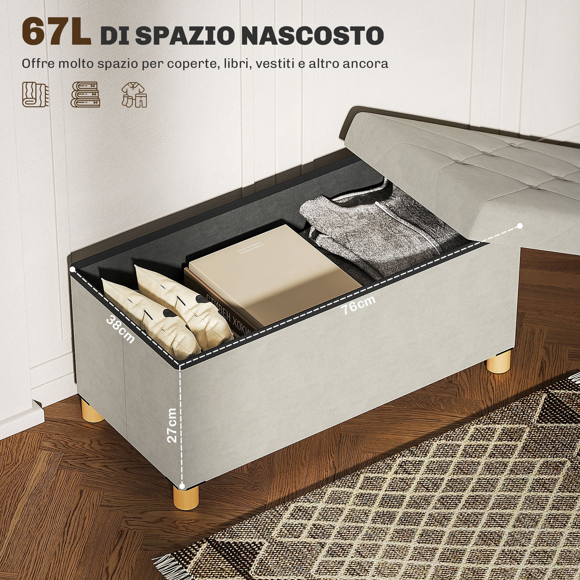 Panca Contenitore Pieghevole 67L 76x38x38cm Rivestimento Effetto Velluto Bianco Crema
