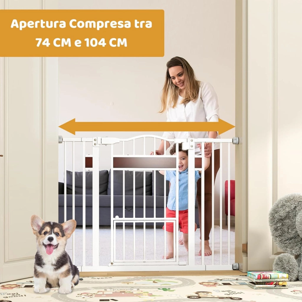Cancelletto per Cani per Aperture 74-104 cm, Cancello per Cani con Porta Piccola, 2 Estensioni e Doppio Blocco, Cancelletto in Metallo da Interno per Cucina, Scale e Soggiorno (Bianco)