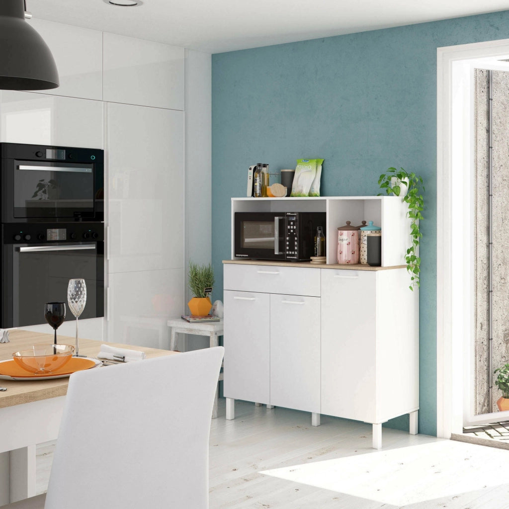 Armadio multiuso Angstrom, Mobile ausiliario da cucina, Credenza a 3 ante e 1 cassetto con ripiani, Armadio aperto, cm 108x40h126, Bianco e Rovere