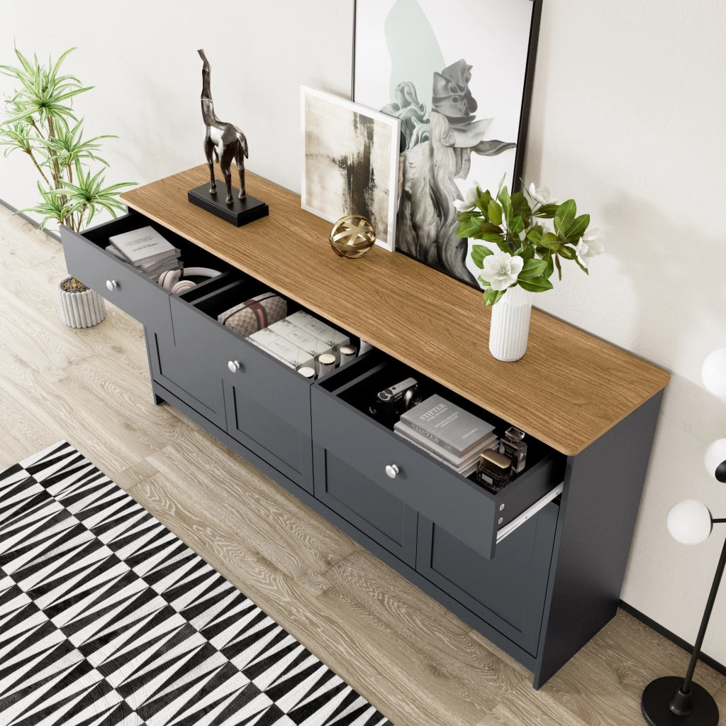 Sideboard 160x37x75 cm con 3 cassetti; 4 ante e ripiani regolabili; MDF nero e grigio