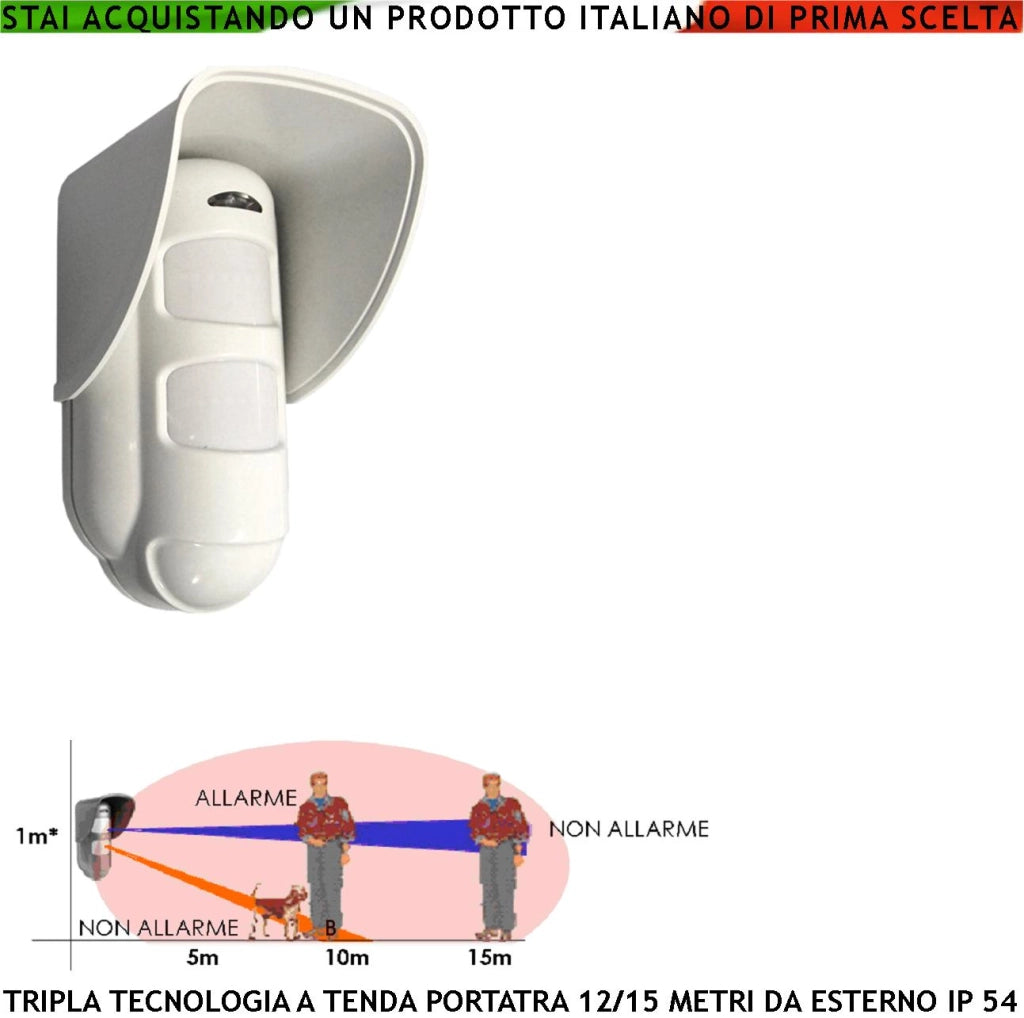 Tripla Tecnologia Sensore di Movimento da Esterno Portata 15 Metri Grandangolo Oppure a Tenda Regolabile da 5 a 15 Metri Alimentazione 12 V Via Filo Con Snodo Orientab Sensori 2 Pir 1 Microonda AND OR