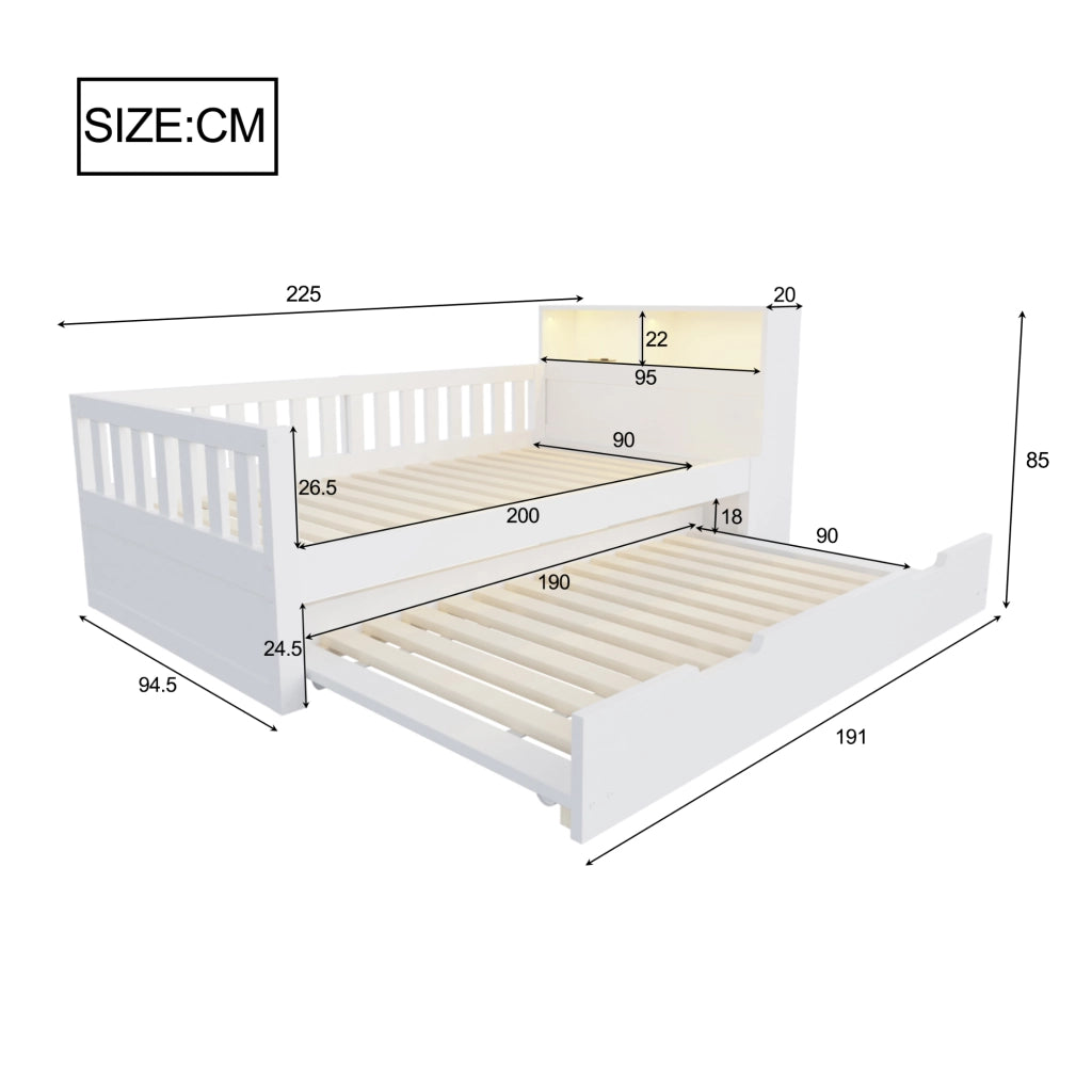 Letto singolo 90×200 cm con letto estraibile; ripiani; LED; USB; Type-C e sponde; senza materasso; bianco