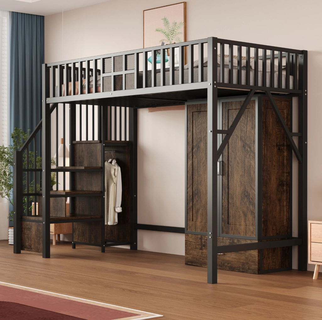 Letto a soppalco 90x200 cm in metallo e legno; nero; con armadio; cassetto e scala contenitore