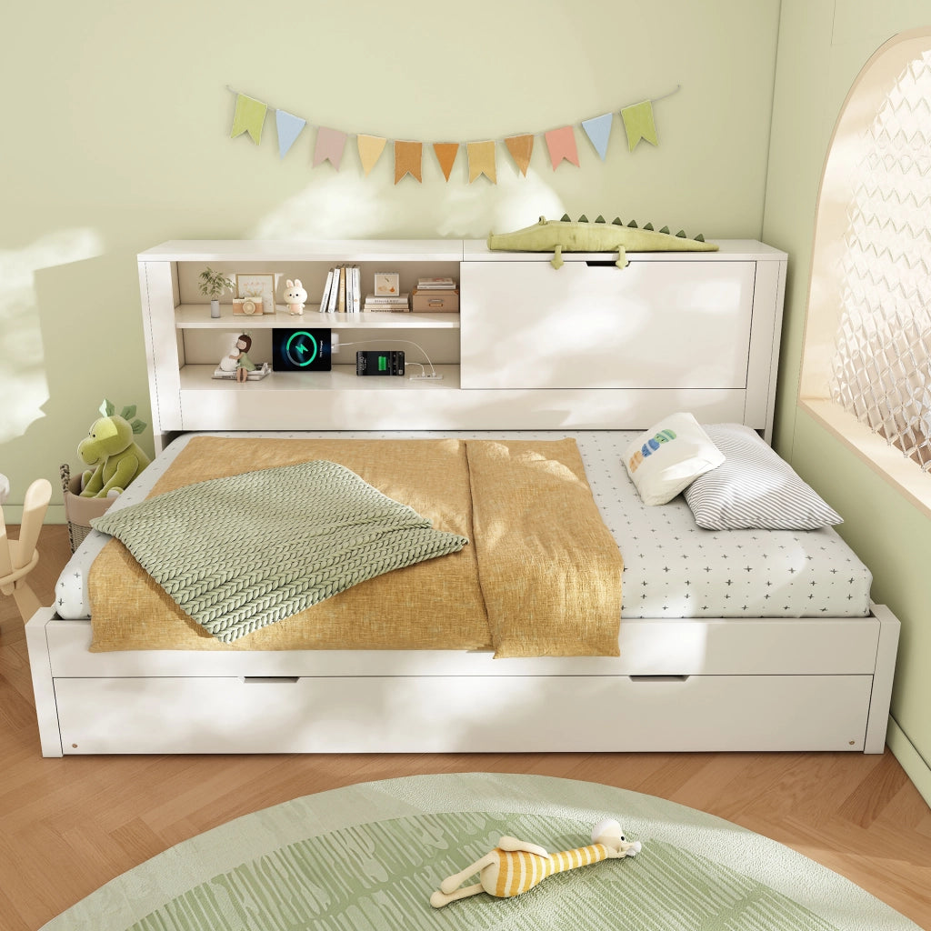DESMIU Letto divano 90 × 200 cm 1 posto con letto estraibile, contenitore, USB e Type-C, senza materasso