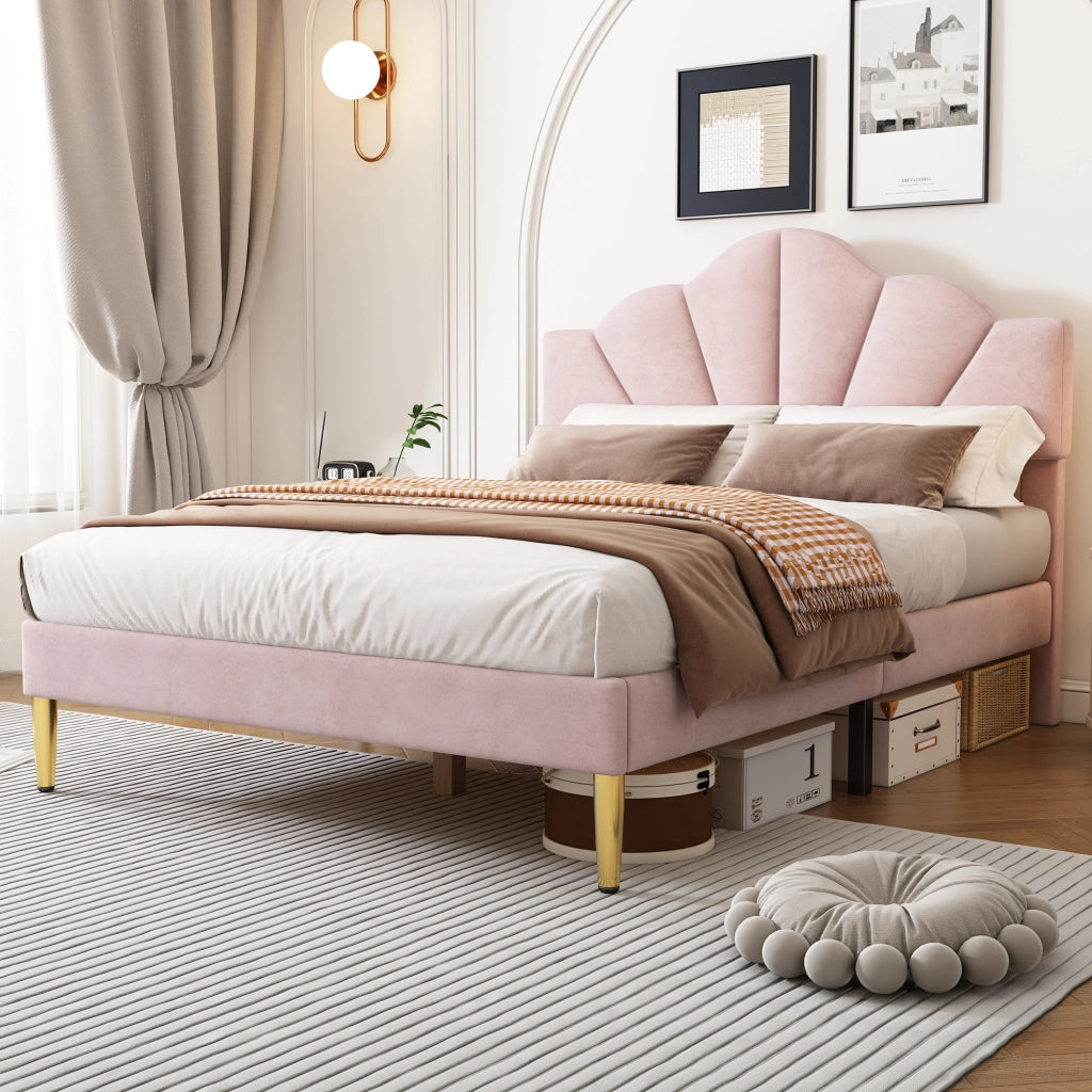 Letto imbottito in velluto rosa 140x190 cm con testiera regolabile e rete a doghe in legno