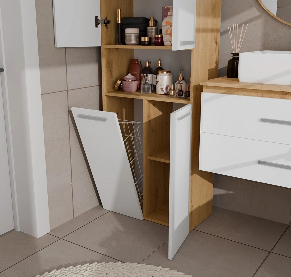 Mobile bagno NEL 1k DK scaffale colonna con koszem per bucato rovere artisan e bianco