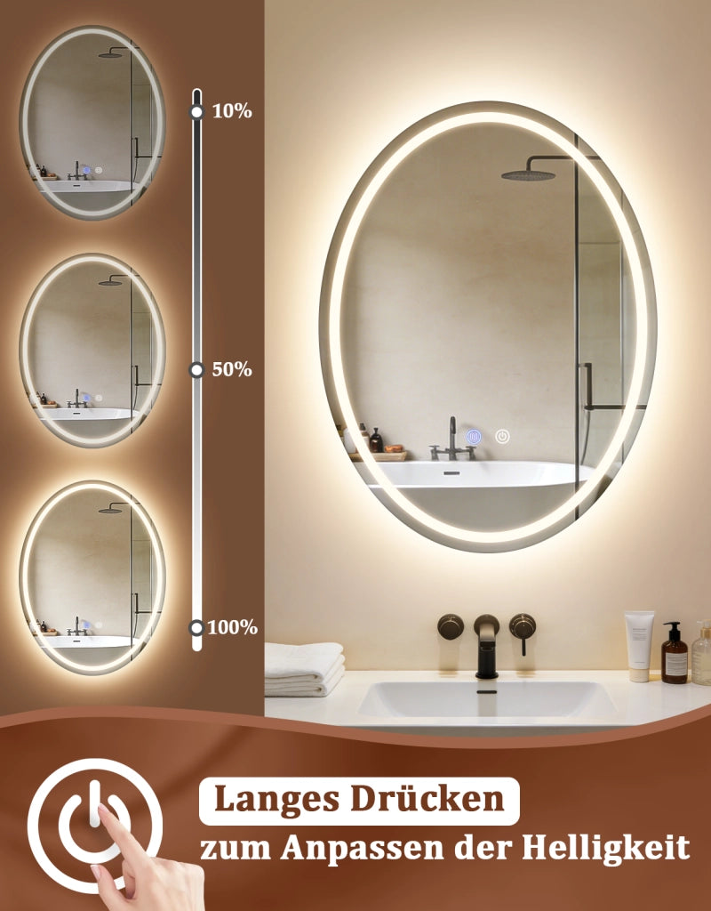 ZMH Specchio da bagno ovale con luce LED 60x80 cm parete IP44 touch antiappannamento dimmerabile 3000K-6500K