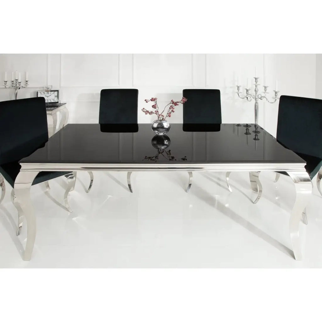 Tavolo da pranzo VELENA – Acciaio lucidato e vetro nero – 200 cm – Stile barocco moderno