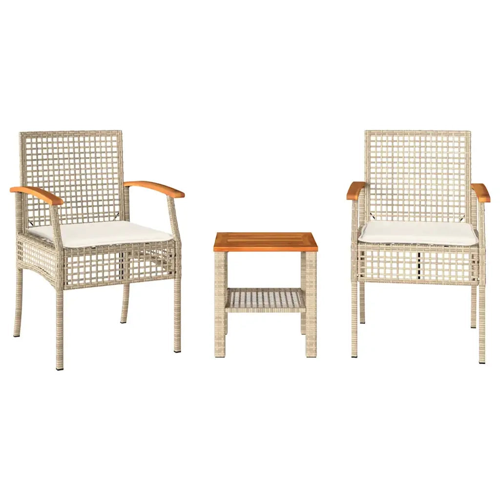 Set da BistrÃ² 3 pz con Cuscini Beige Polyrattan e Legno Acaciacod mxl 114420