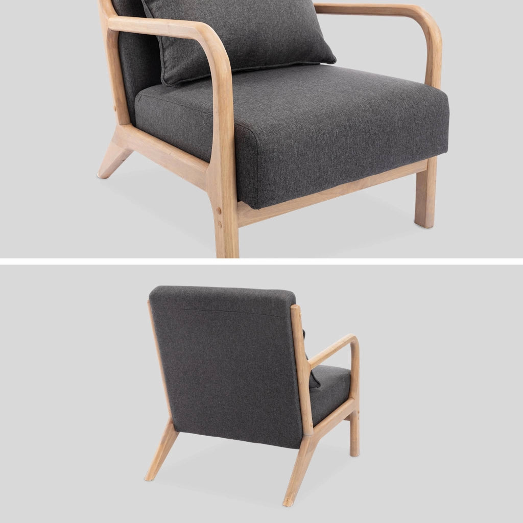 Poltrona scandinava in legno e tessuto con braccioli, grigio scuro