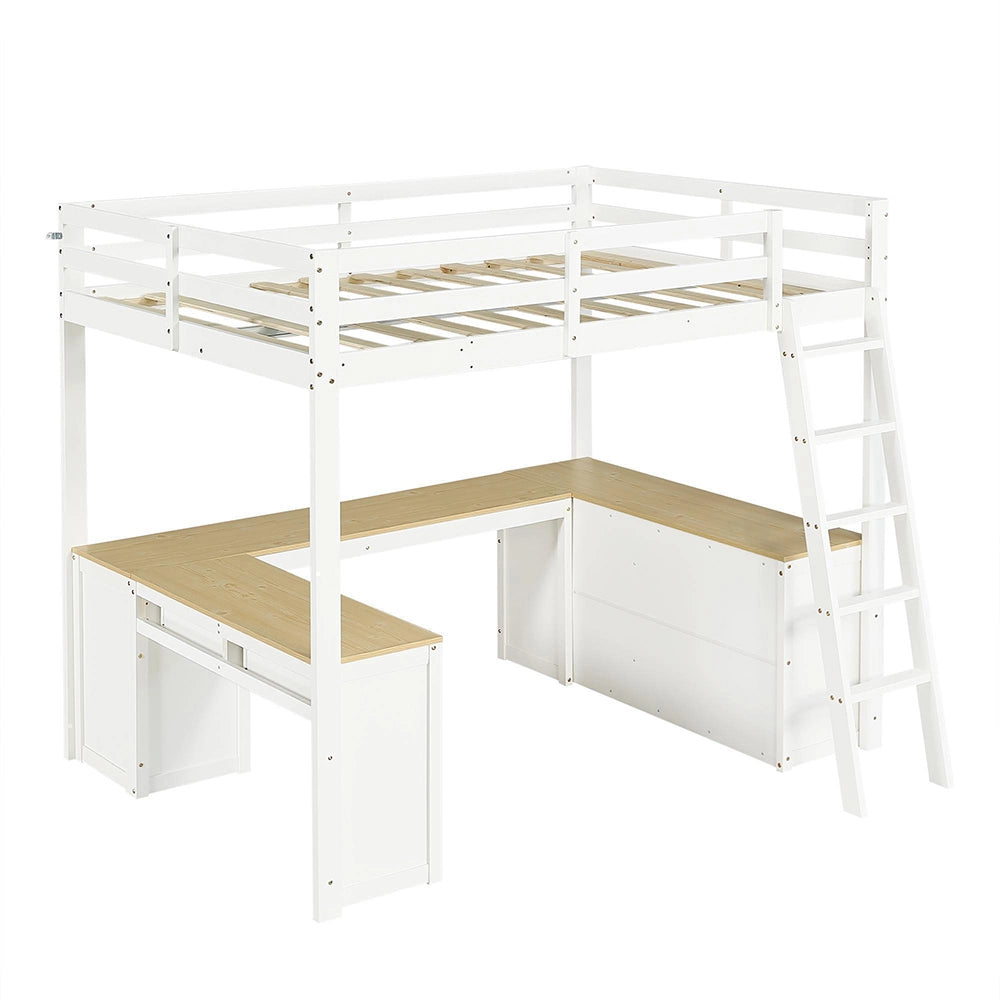 Letto a soppalco-Xylo-140x200cm tavolo a U 2 cassetti pino+MDF