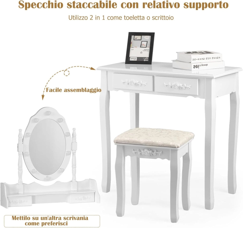 Toeletta Trucco con Specchio Girevole, 10 Luci LED, Luminosità Regolabile, Postazione Trucco con Sgabello e 4 Cassetti, Tavolo da Trucco Scrivania Camera da Letto, 146x75x40cm (Bianco)