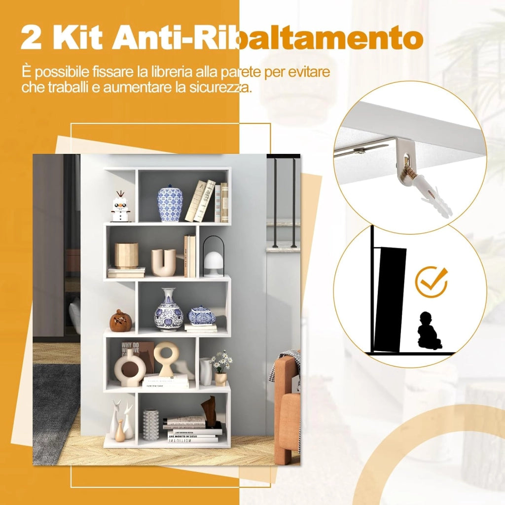 Scaffale a 5 Ripiani in Legno, Libreria Geometrica a Forma di S con Dispositivo Antiribaltamento, per Soggiorno Ufficio Camera da Letto, 70 x 23,5 x 158 cm (Bianco)