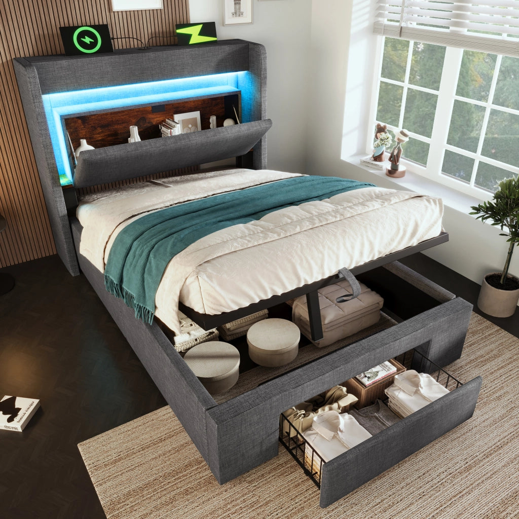 OKWISH Letto Contenitore 90×200 cm, Letto Singolo con LED Regolabile, USB, Tipo C e Cassetto, senza Materasso, in Lino, Grigio